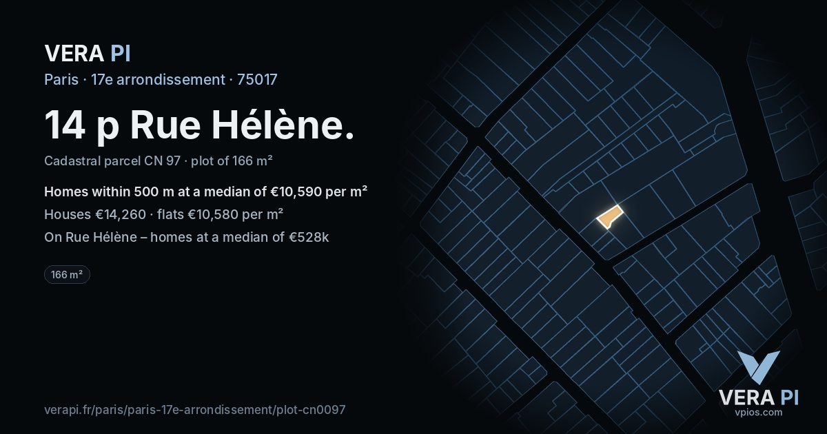 14 p Rue Hélène, 17e arrondissement at night – the plot lit, the parcels around coloured by the prices near them