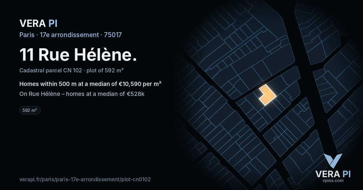 11 Rue Hélène, 17e arrondissement at night – the plot lit, the parcels around coloured by the prices near them