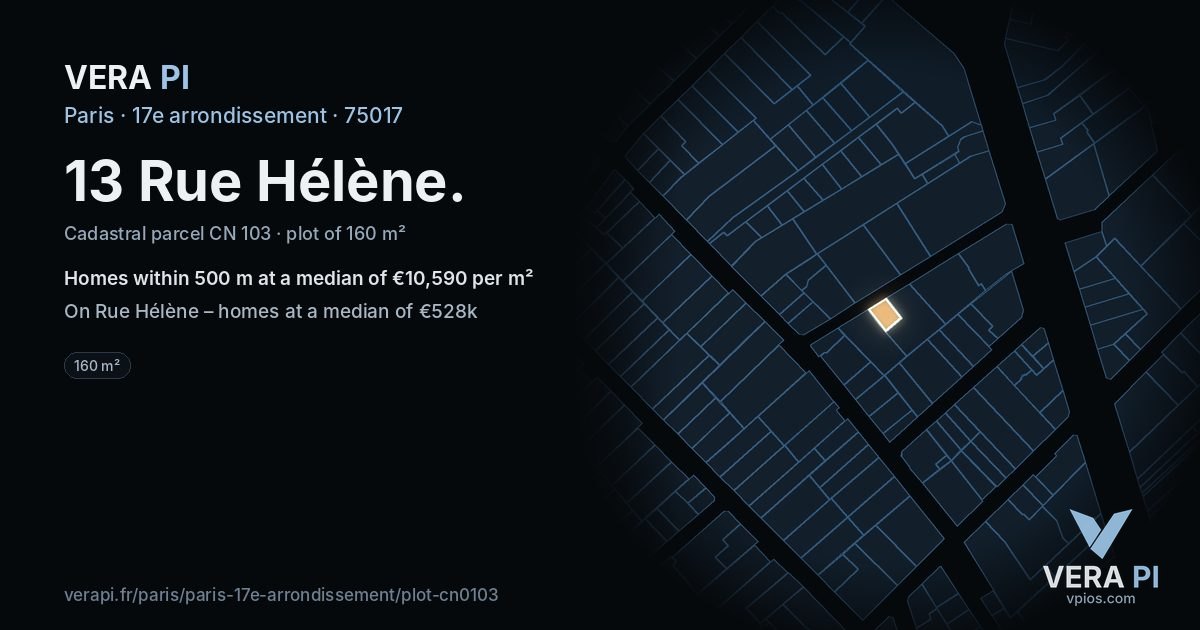 13 Rue Hélène, 17e arrondissement at night – the plot lit, the parcels around coloured by the prices near them