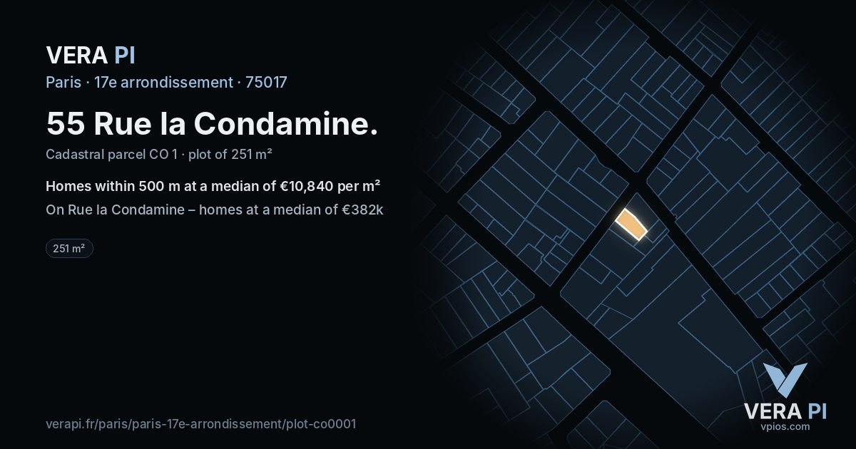 55 Rue la Condamine, 17e arrondissement at night – the plot lit, the parcels around coloured by the prices near them