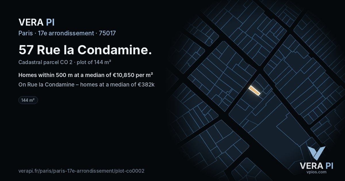 57 Rue la Condamine, 17e arrondissement at night – the plot lit, the parcels around coloured by the prices near them