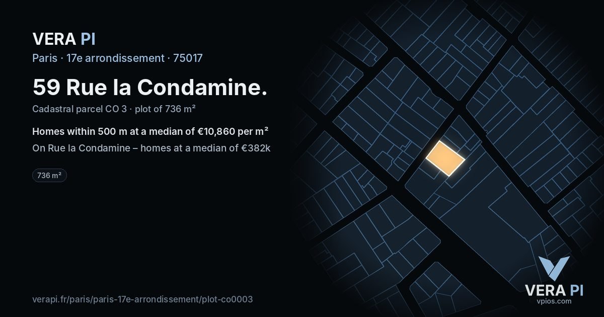 59 Rue la Condamine, 17e arrondissement at night – the plot lit, the parcels around coloured by the prices near them