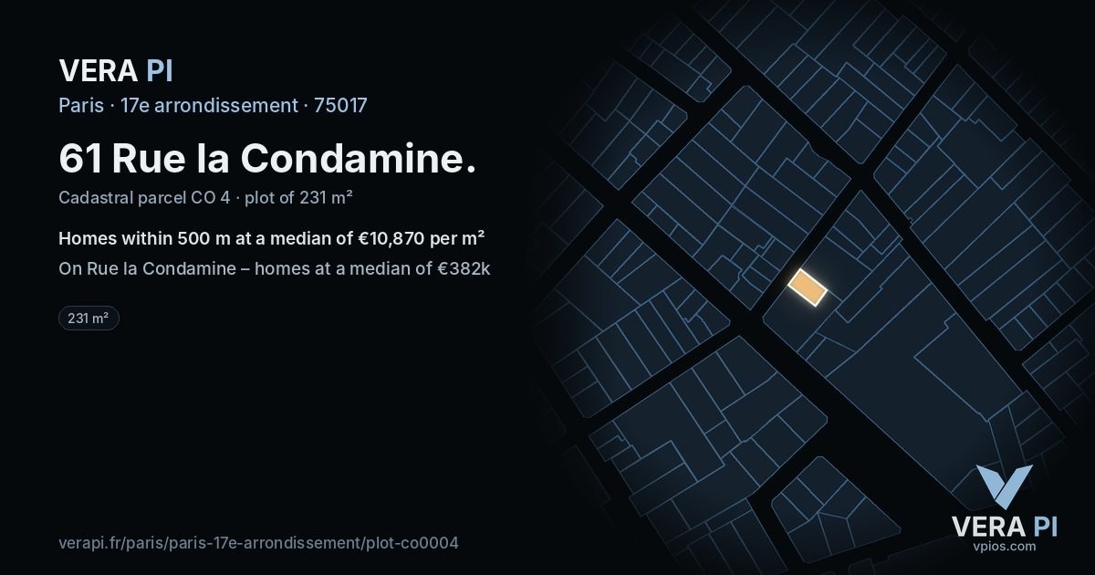 61 Rue la Condamine, 17e arrondissement at night – the plot lit, the parcels around coloured by the prices near them