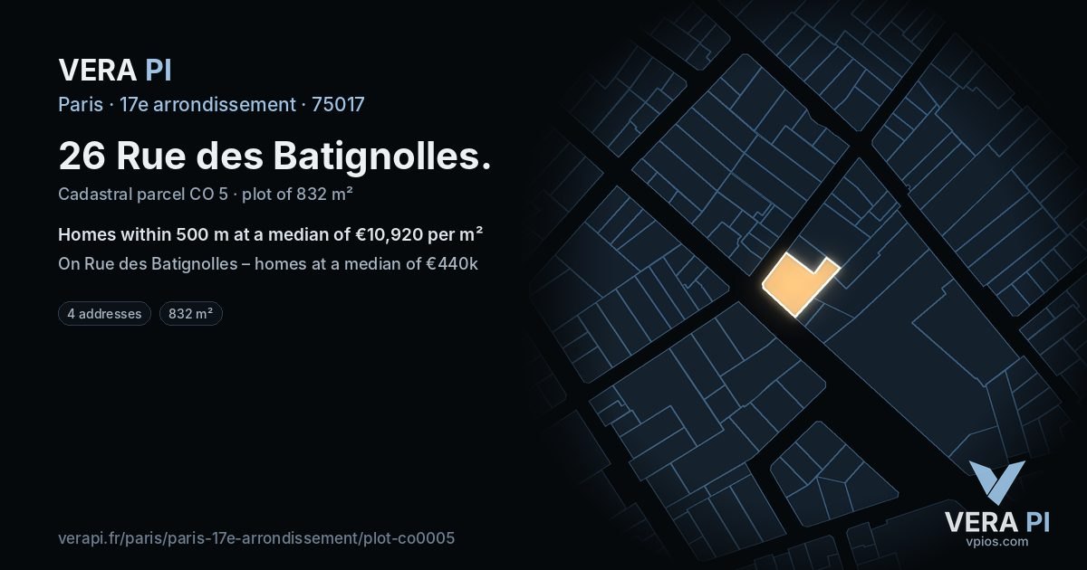 26 Rue des Batignolles, 17e arrondissement at night – the plot lit, the parcels around coloured by the prices near them