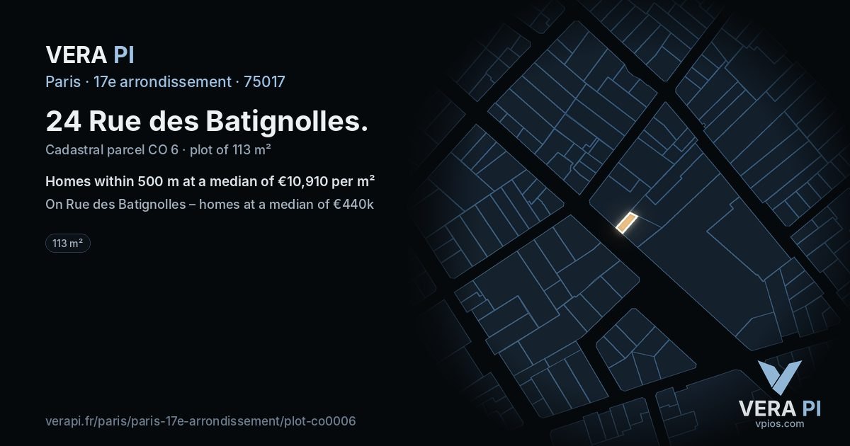 24 Rue des Batignolles, 17e arrondissement at night – the plot lit, the parcels around coloured by the prices near them