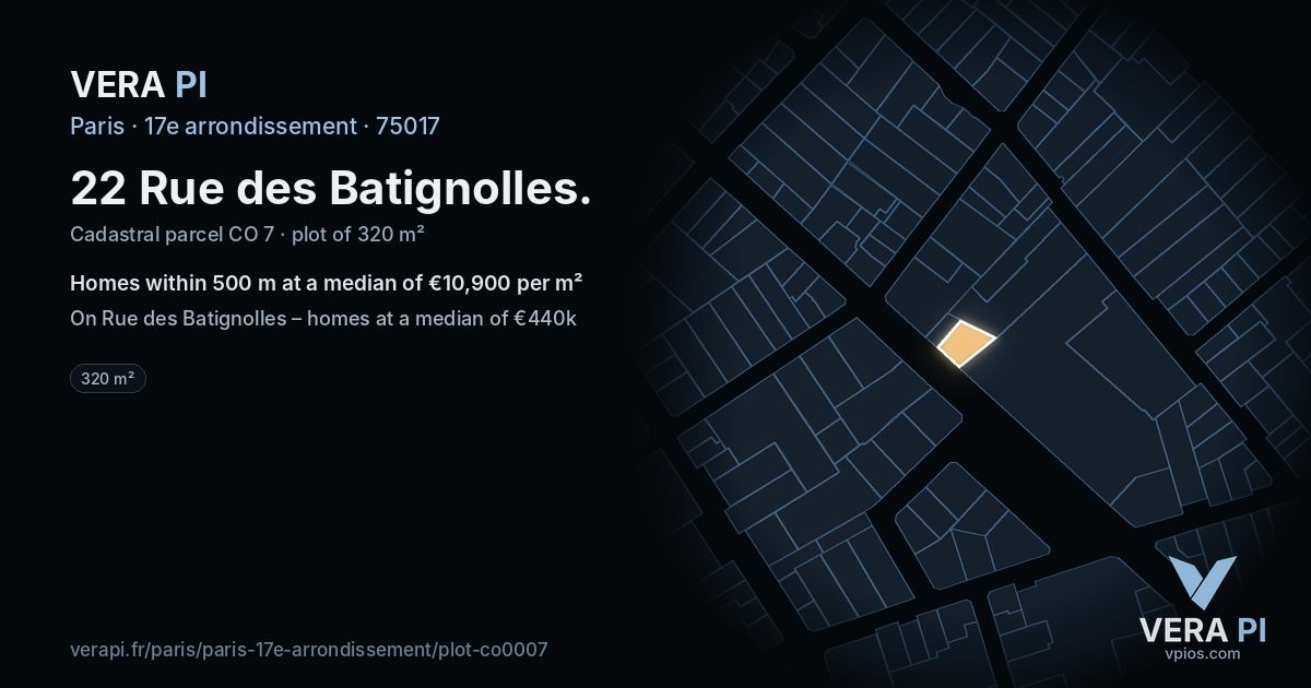 22 Rue des Batignolles, 17e arrondissement at night – the plot lit, the parcels around coloured by the prices near them