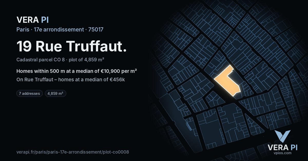 19 Rue Truffaut, 17e arrondissement at night – the plot lit, the parcels around coloured by the prices near them