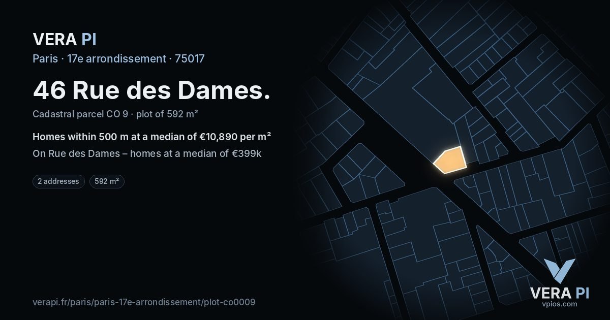 46 Rue des Dames, 17e arrondissement at night – the plot lit, the parcels around coloured by the prices near them