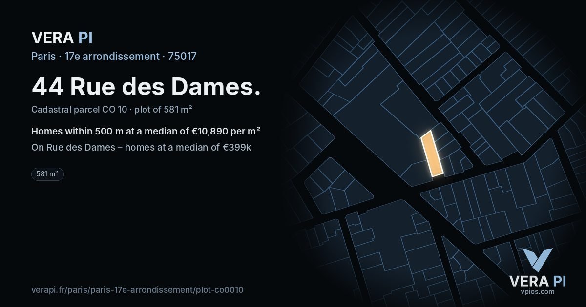 44 Rue des Dames, 17e arrondissement at night – the plot lit, the parcels around coloured by the prices near them
