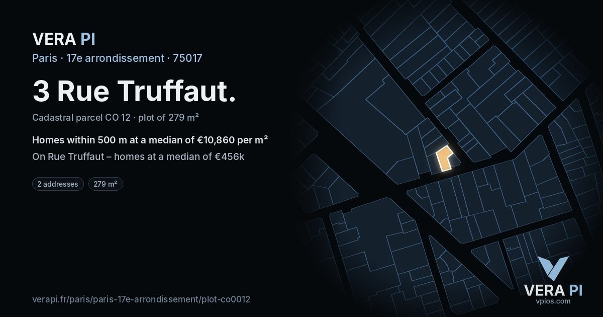 3 Rue Truffaut, 17e arrondissement at night – the plot lit, the parcels around coloured by the prices near them