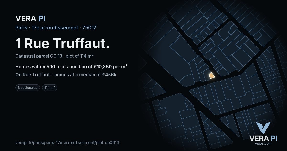 1 Rue Truffaut, 17e arrondissement at night – the plot lit, the parcels around coloured by the prices near them