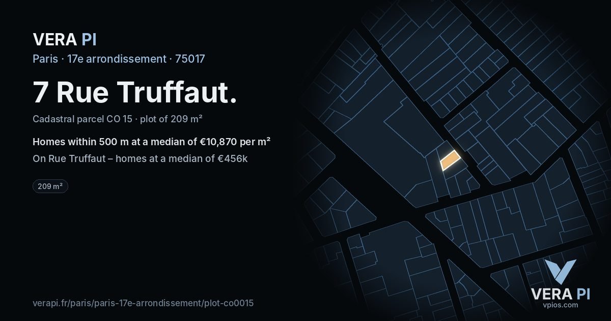 7 Rue Truffaut, 17e arrondissement at night – the plot lit, the parcels around coloured by the prices near them