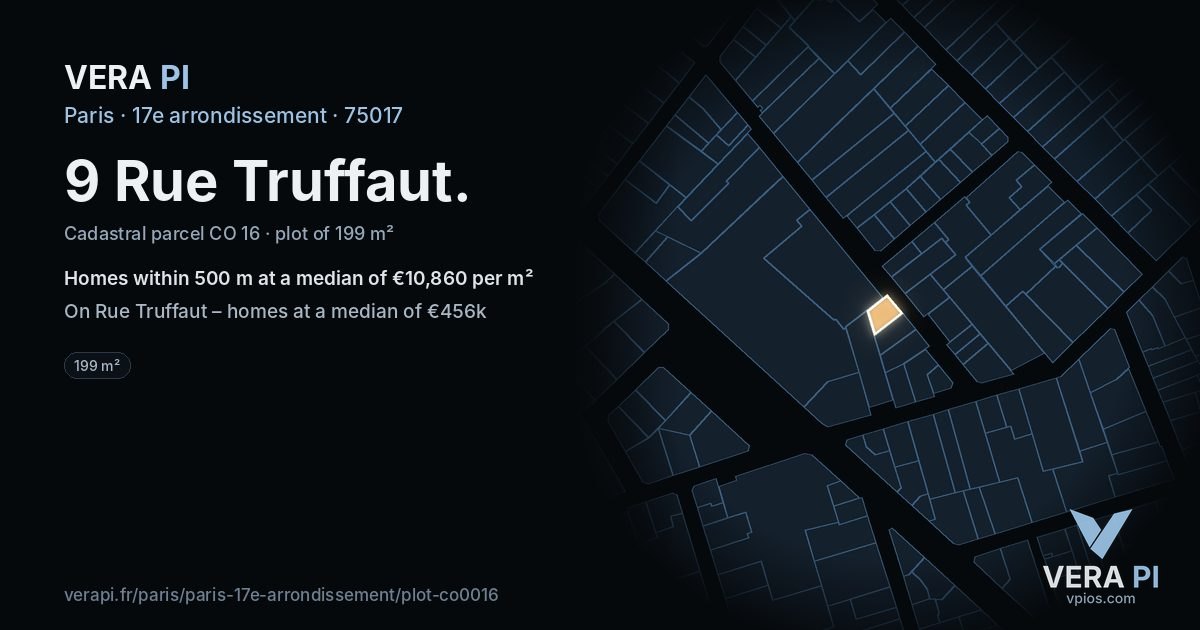 9 Rue Truffaut, 17e arrondissement at night – the plot lit, the parcels around coloured by the prices near them