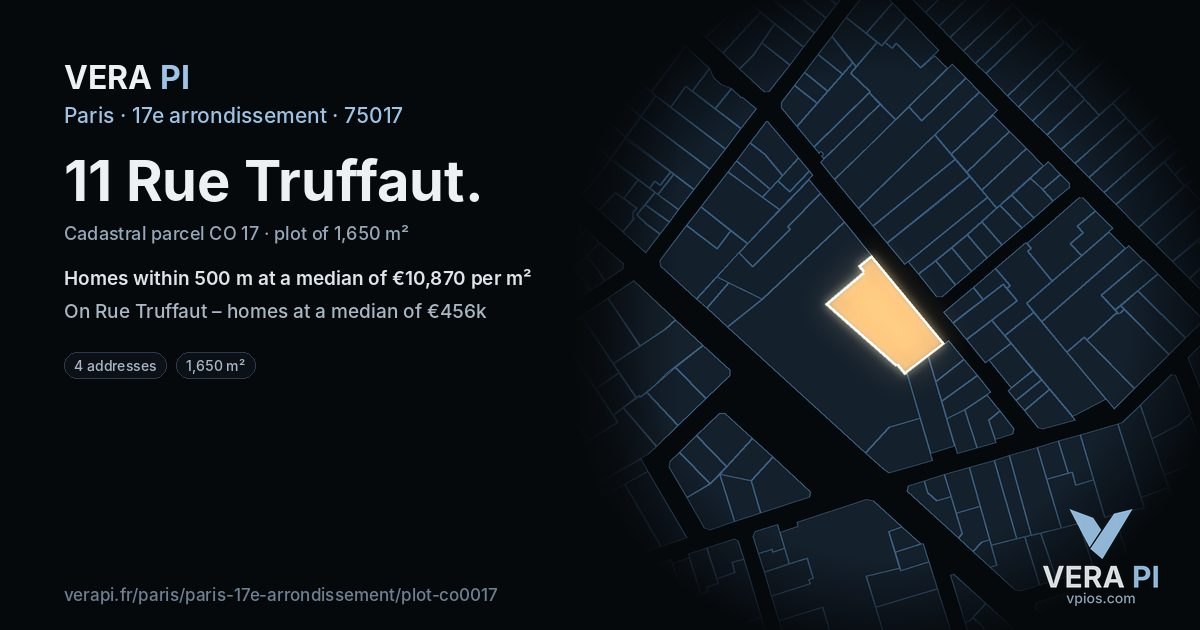 11 Rue Truffaut, 17e arrondissement at night – the plot lit, the parcels around coloured by the prices near them