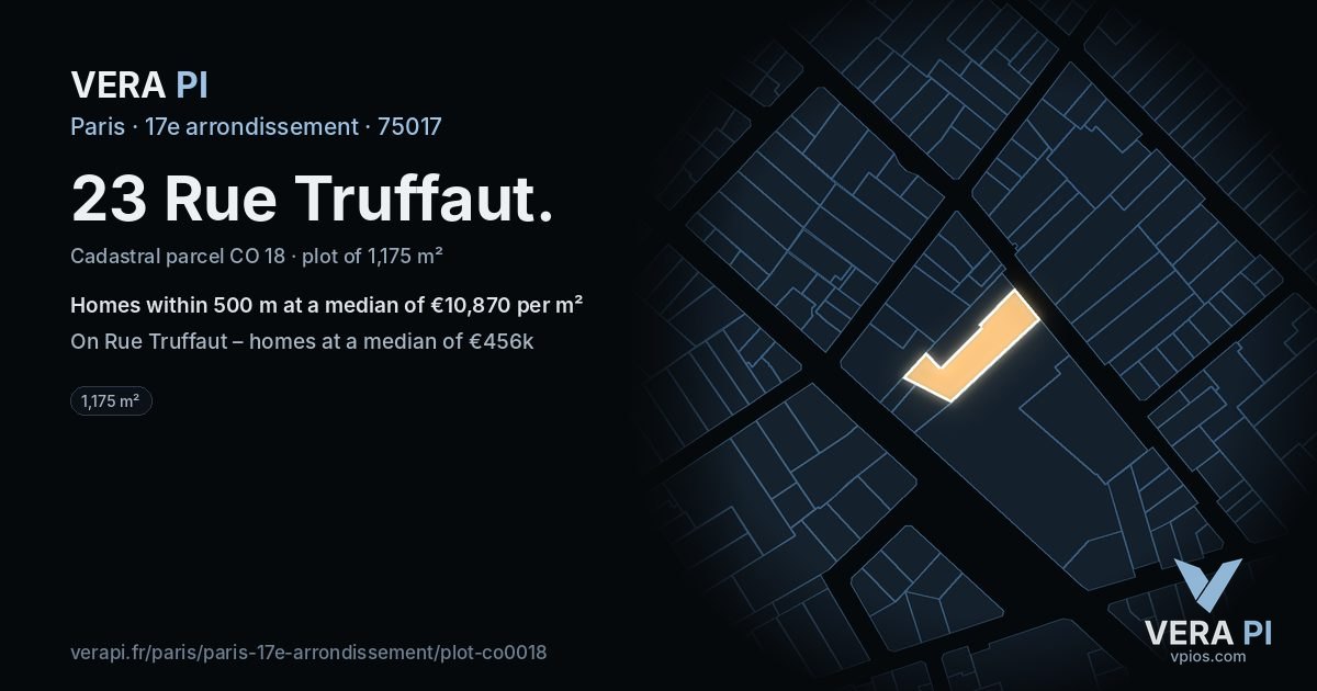 23 Rue Truffaut, 17e arrondissement at night – the plot lit, the parcels around coloured by the prices near them