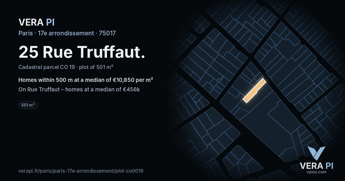 25 Rue Truffaut, 17e arrondissement at night – the plot lit, the parcels around coloured by the prices near them