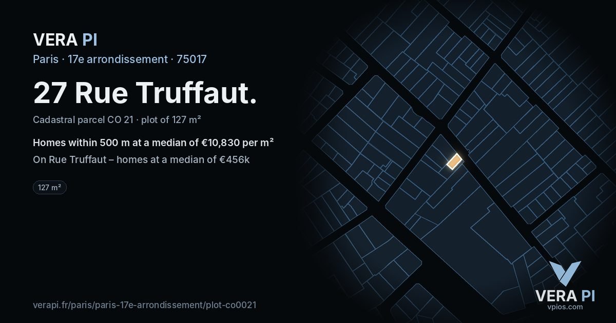27 Rue Truffaut, 17e arrondissement at night – the plot lit, the parcels around coloured by the prices near them