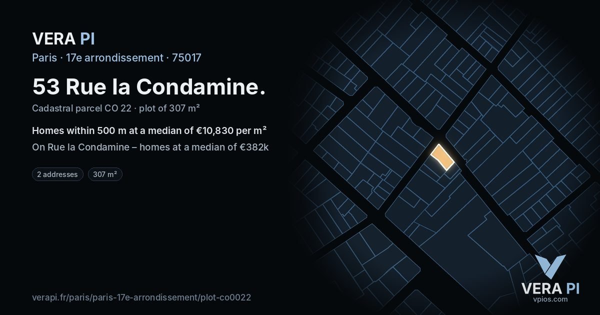 53 Rue la Condamine, 17e arrondissement at night – the plot lit, the parcels around coloured by the prices near them
