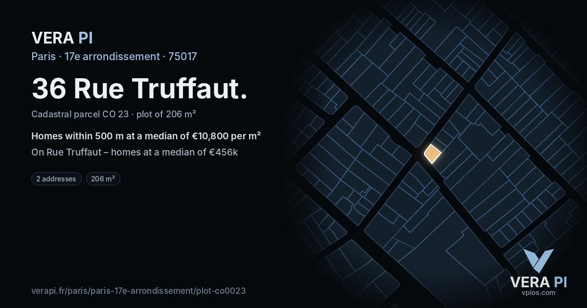 36 Rue Truffaut, 17e arrondissement at night – the plot lit, the parcels around coloured by the prices near them