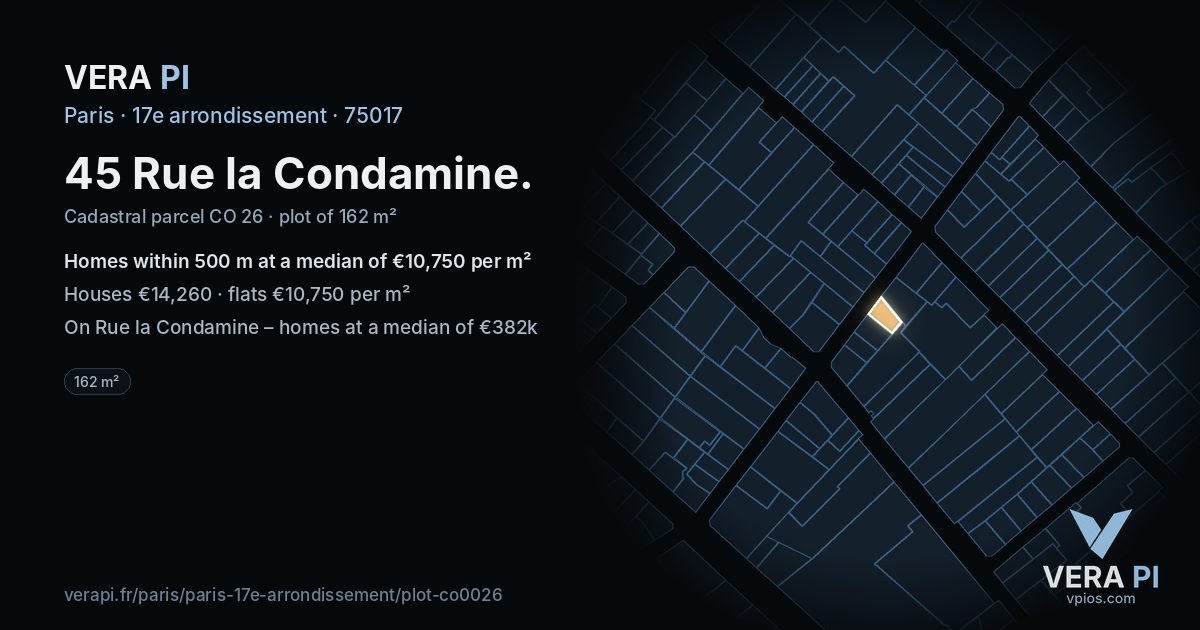 45 Rue la Condamine, 17e arrondissement at night – the plot lit, the parcels around coloured by the prices near them