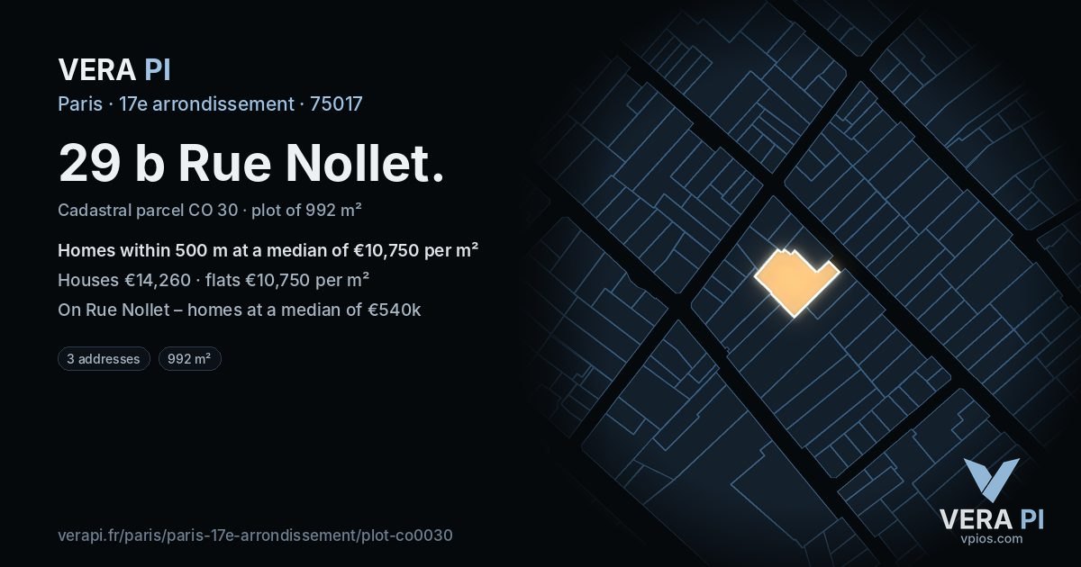 29 b Rue Nollet, 17e arrondissement at night – the plot lit, the parcels around coloured by the prices near them