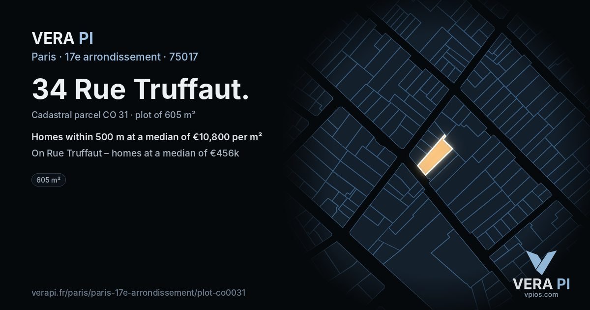 34 Rue Truffaut, 17e arrondissement at night – the plot lit, the parcels around coloured by the prices near them