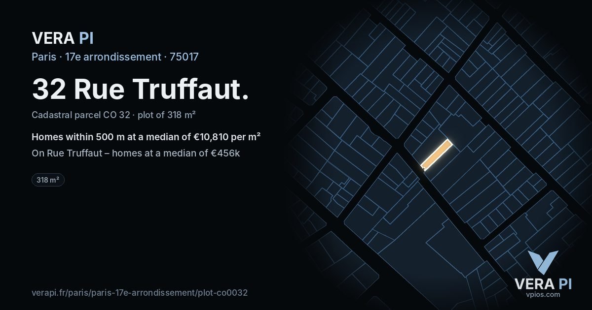 32 Rue Truffaut, 17e arrondissement at night – the plot lit, the parcels around coloured by the prices near them