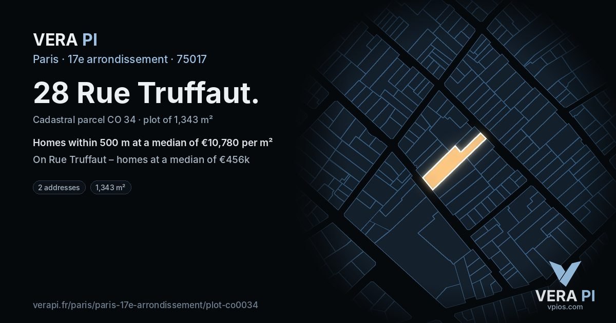 28 Rue Truffaut, 17e arrondissement at night – the plot lit, the parcels around coloured by the prices near them