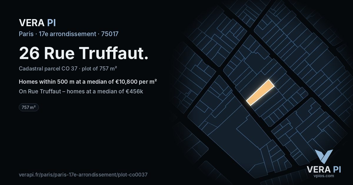 26 Rue Truffaut, 17e arrondissement at night – the plot lit, the parcels around coloured by the prices near them