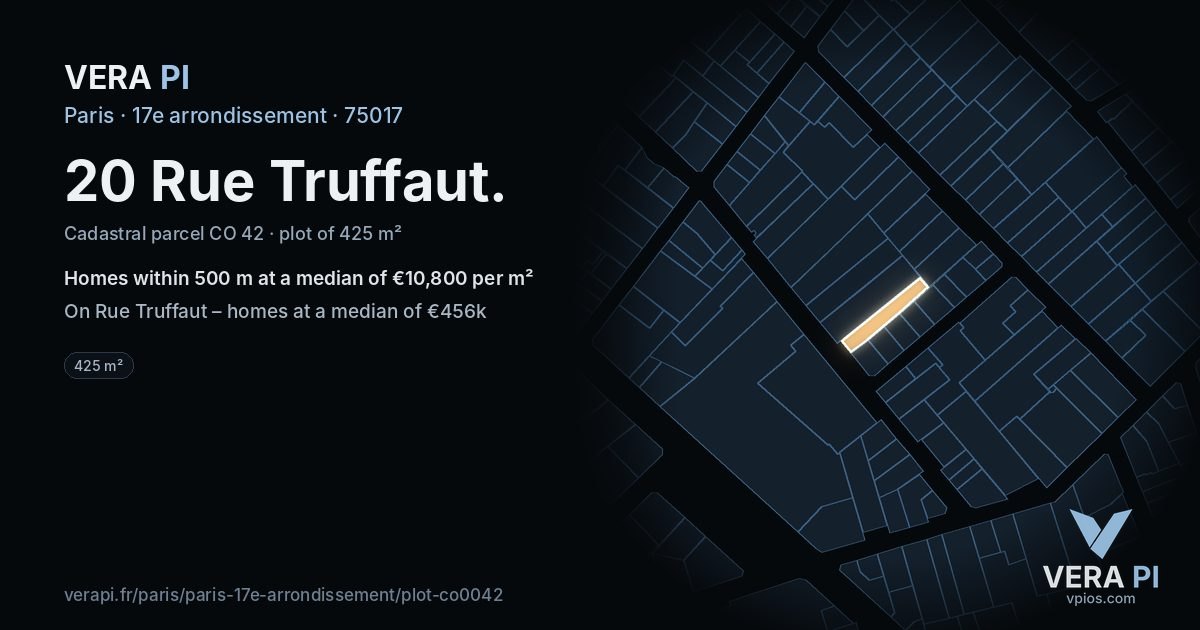 20 Rue Truffaut, 17e arrondissement at night – the plot lit, the parcels around coloured by the prices near them