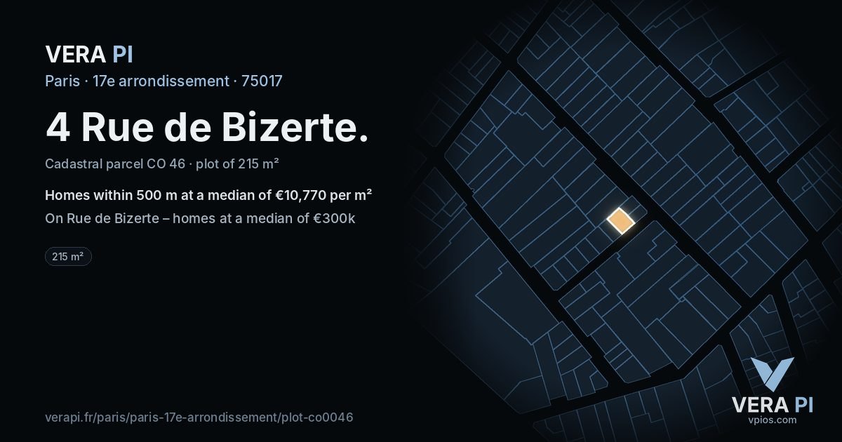 4 Rue de Bizerte, 17e arrondissement at night – the plot lit, the parcels around coloured by the prices near them