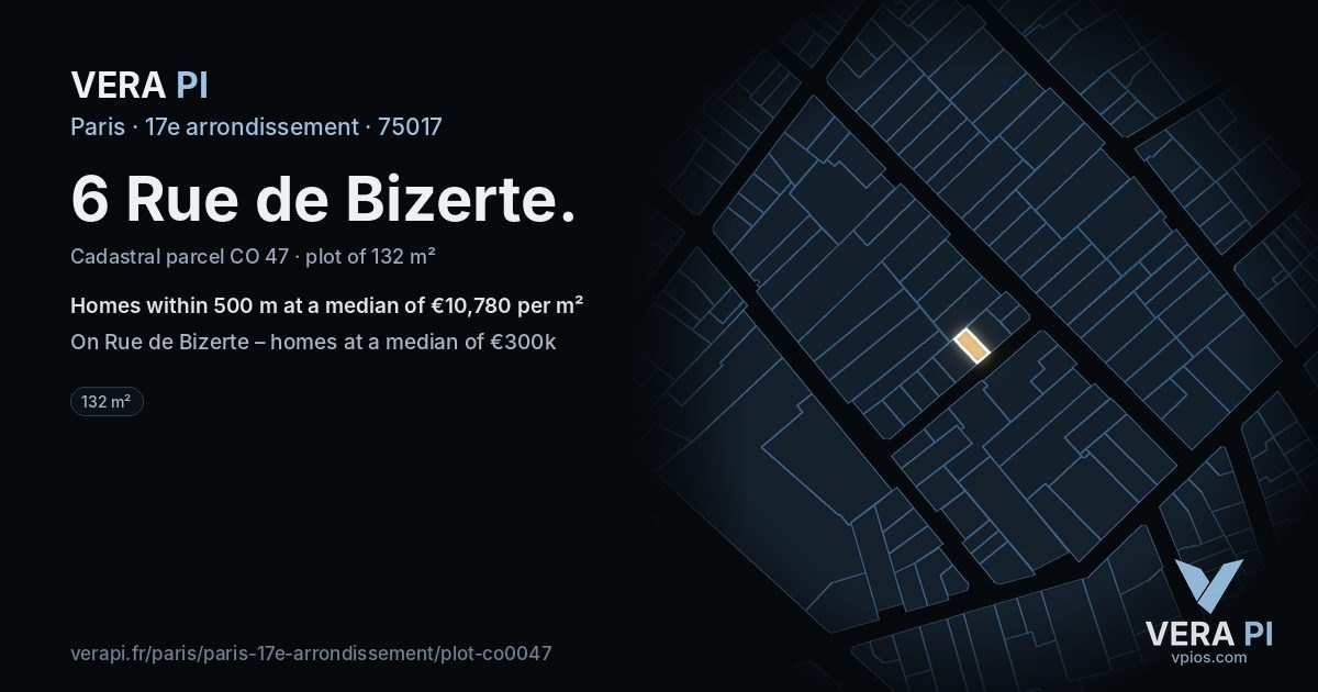 6 Rue de Bizerte, 17e arrondissement at night – the plot lit, the parcels around coloured by the prices near them