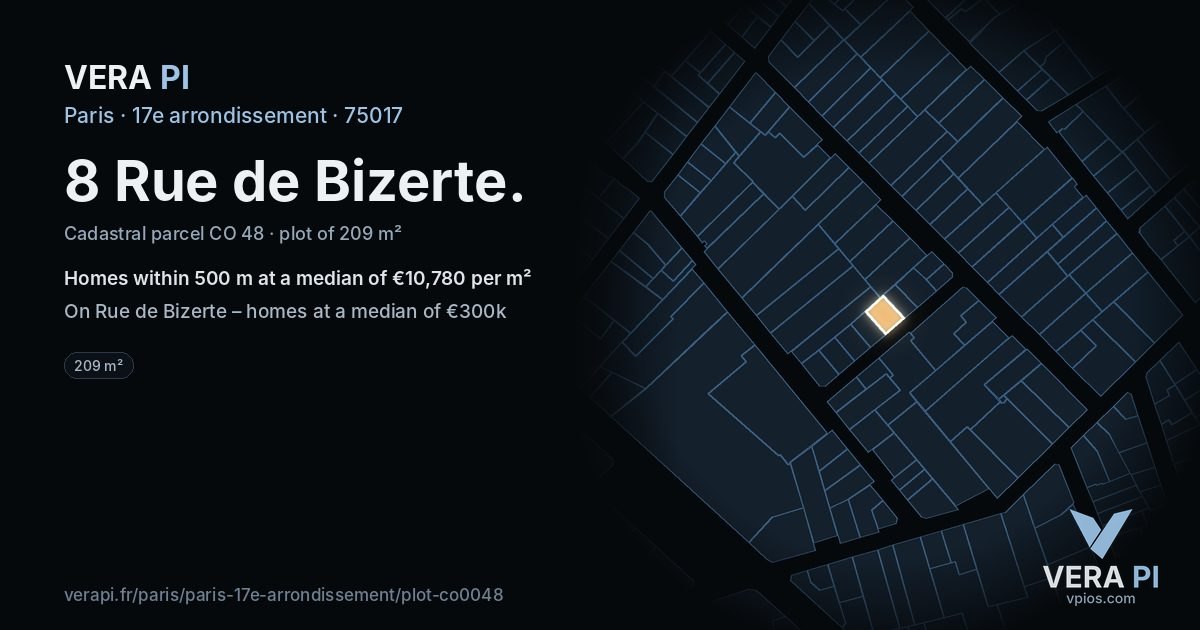 8 Rue de Bizerte, 17e arrondissement at night – the plot lit, the parcels around coloured by the prices near them
