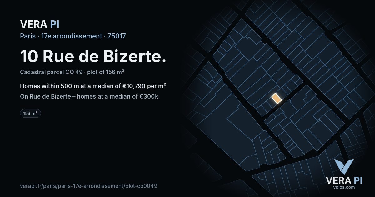 10 Rue de Bizerte, 17e arrondissement at night – the plot lit, the parcels around coloured by the prices near them