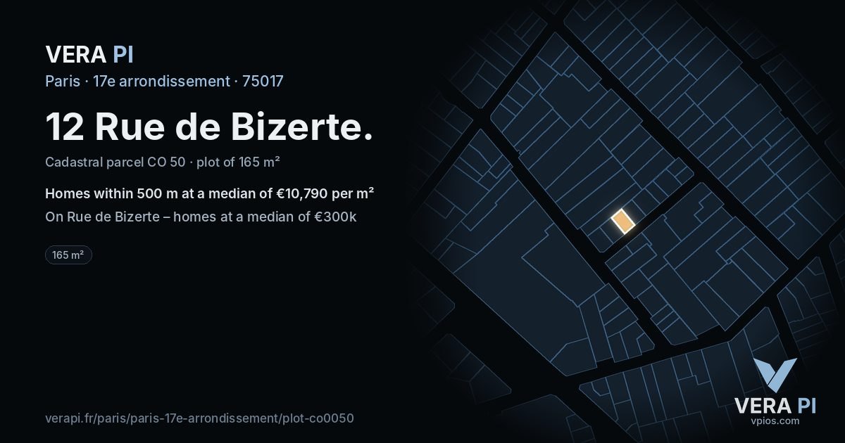 12 Rue de Bizerte, 17e arrondissement at night – the plot lit, the parcels around coloured by the prices near them