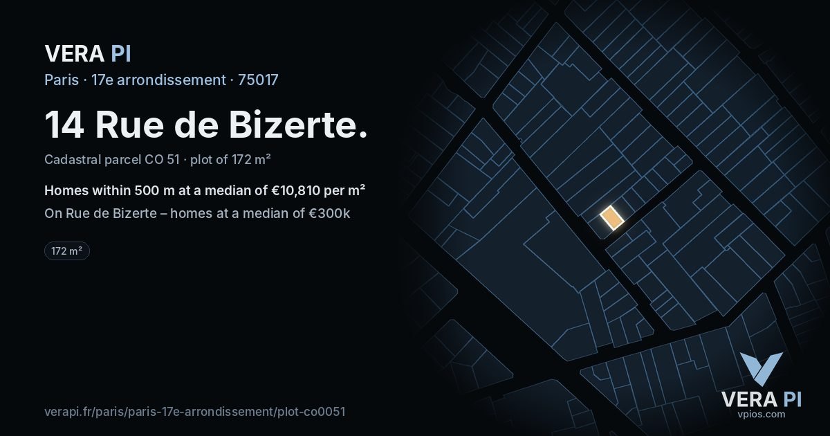 14 Rue de Bizerte, 17e arrondissement at night – the plot lit, the parcels around coloured by the prices near them