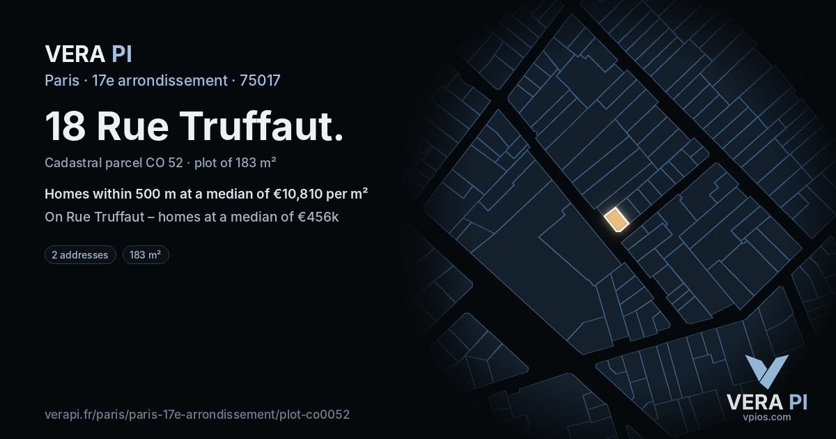 18 Rue Truffaut, 17e arrondissement at night – the plot lit, the parcels around coloured by the prices near them