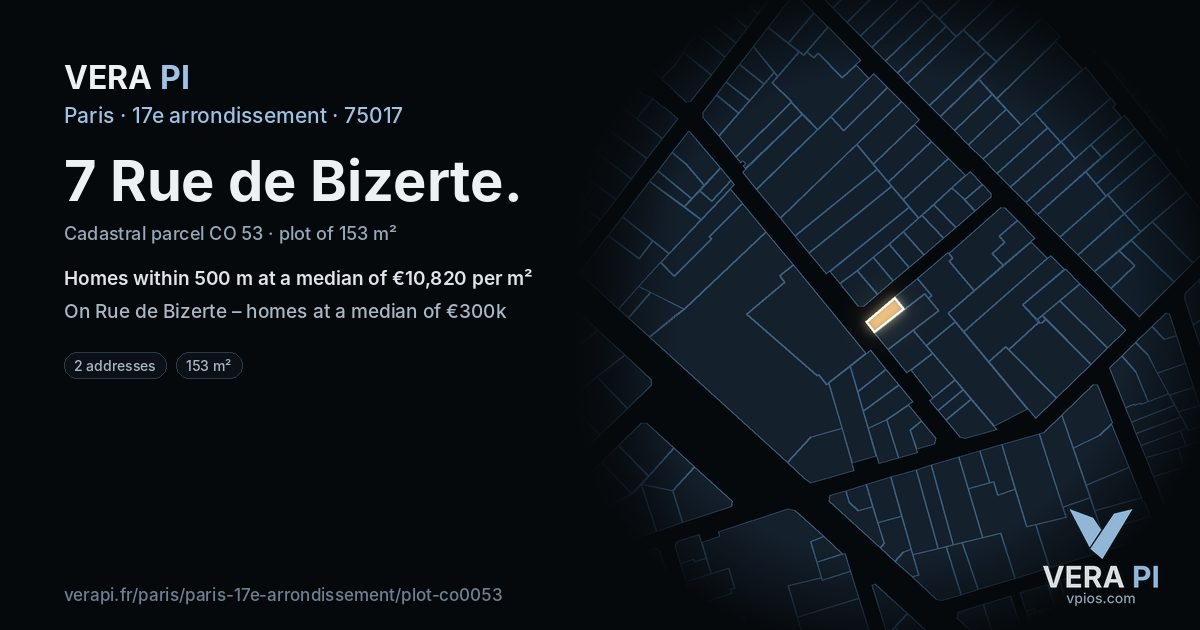 7 Rue de Bizerte, 17e arrondissement at night – the plot lit, the parcels around coloured by the prices near them