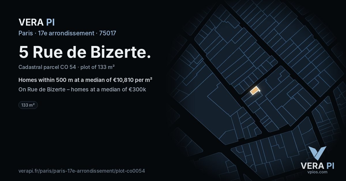 5 Rue de Bizerte, 17e arrondissement at night – the plot lit, the parcels around coloured by the prices near them