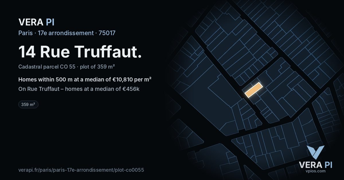 14 Rue Truffaut, 17e arrondissement at night – the plot lit, the parcels around coloured by the prices near them