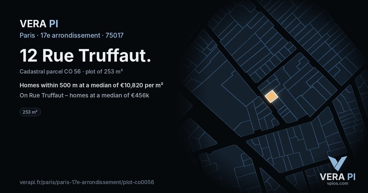 12 Rue Truffaut, 17e arrondissement at night – the plot lit, the parcels around coloured by the prices near them