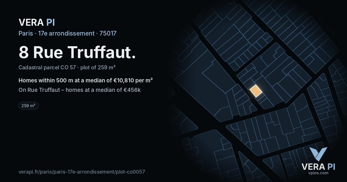 8 Rue Truffaut, 17e arrondissement at night – the plot lit, the parcels around coloured by the prices near them