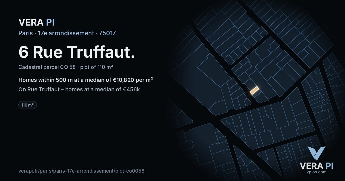 6 Rue Truffaut, 17e arrondissement at night – the plot lit, the parcels around coloured by the prices near them