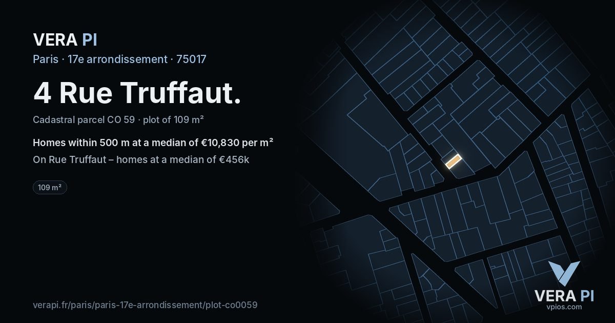 4 Rue Truffaut, 17e arrondissement at night – the plot lit, the parcels around coloured by the prices near them