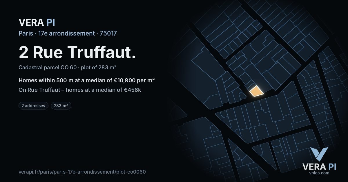 2 Rue Truffaut, 17e arrondissement at night – the plot lit, the parcels around coloured by the prices near them