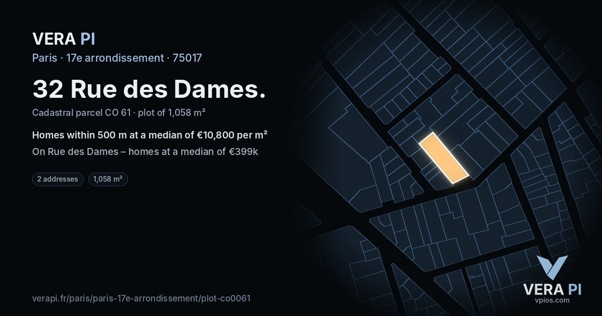 32 Rue des Dames, 17e arrondissement at night – the plot lit, the parcels around coloured by the prices near them