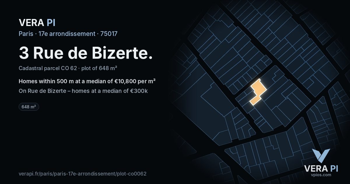 3 Rue de Bizerte, 17e arrondissement at night – the plot lit, the parcels around coloured by the prices near them
