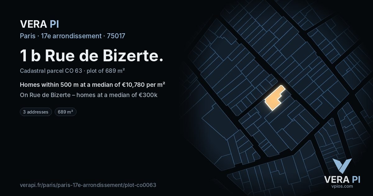 1 b Rue de Bizerte, 17e arrondissement at night – the plot lit, the parcels around coloured by the prices near them