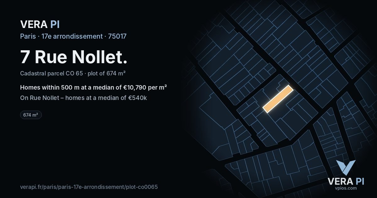 7 Rue Nollet, 17e arrondissement at night – the plot lit, the parcels around coloured by the prices near them