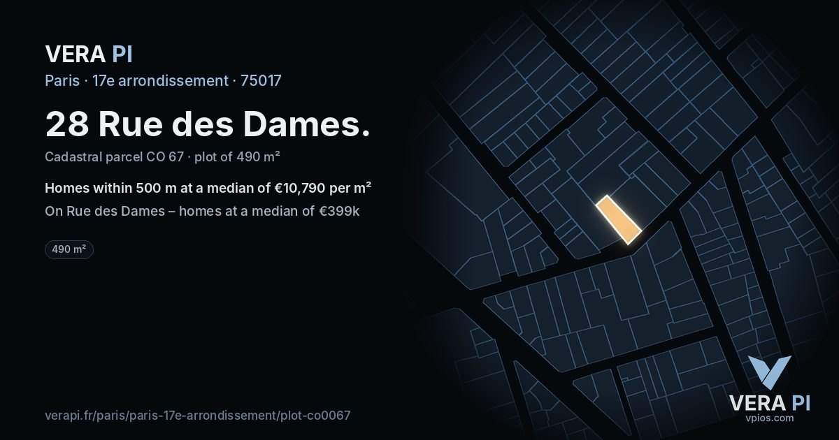 28 Rue des Dames, 17e arrondissement at night – the plot lit, the parcels around coloured by the prices near them